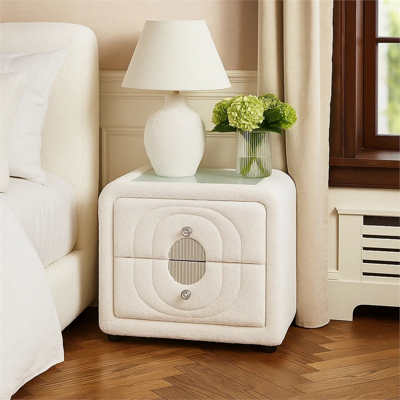 Kery Glass Top Nightstand- 2 Drawers- White Teddy Sherpa Upholstery