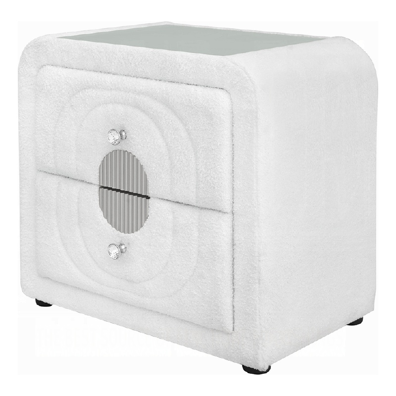 Kery Glass Top Nightstand- 2 Drawers- White Teddy Sherpa Upholstery