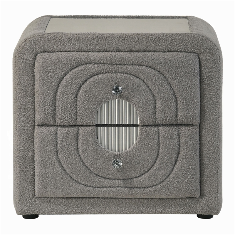 Kery Nightstand- 2 Drawers- Glass Top- Gray Teddy Sherpa Upholstery