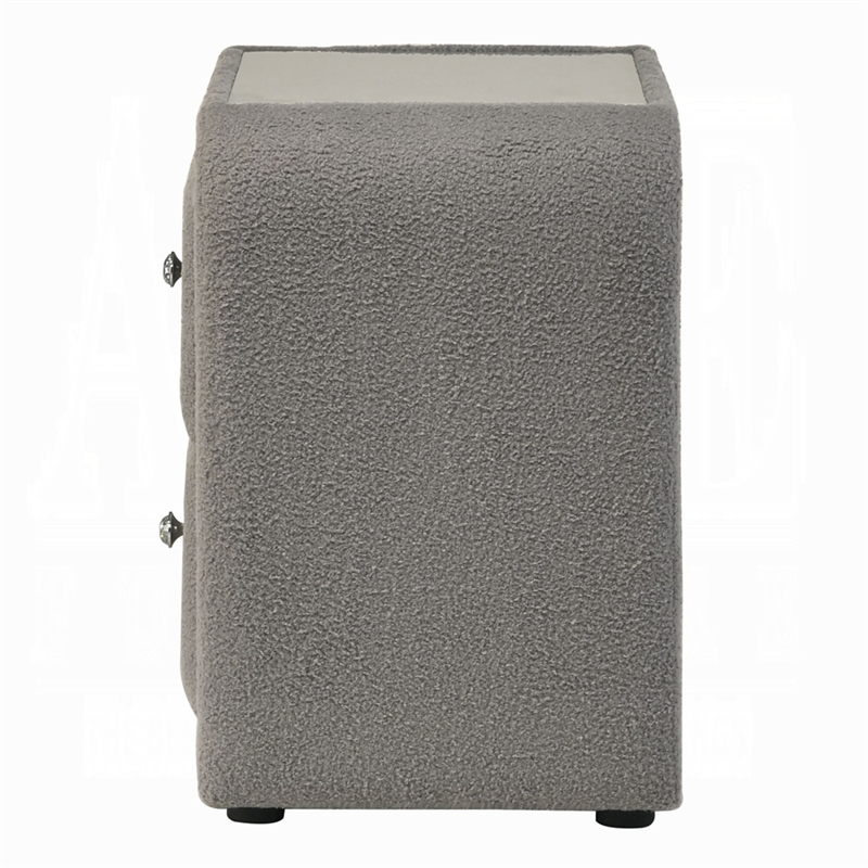 Kery Nightstand- 2 Drawers- Glass Top- Gray Teddy Sherpa Upholstery