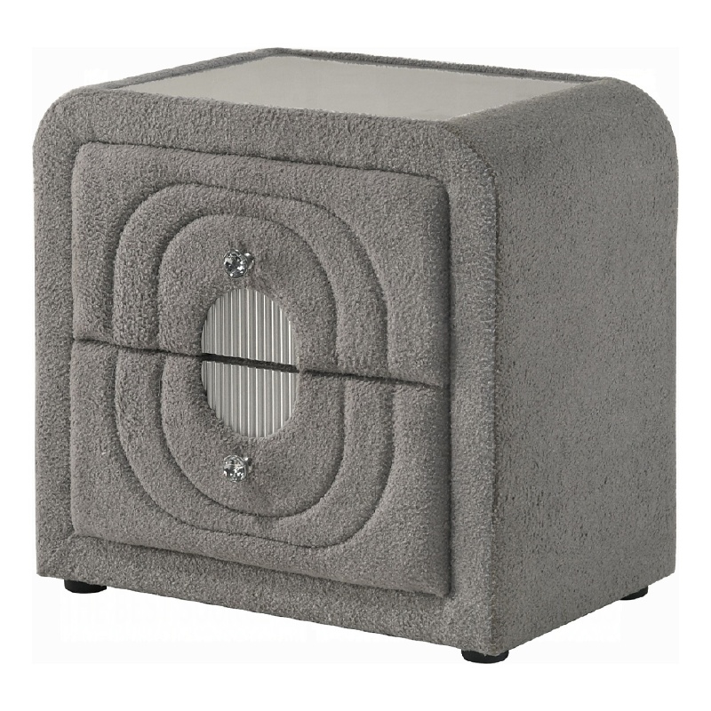 Kery Nightstand- 2 Drawers- Glass Top- Gray Teddy Sherpa Upholstery
