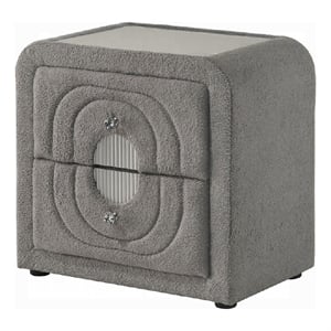 Kery Nightstand- 2 Drawers- Glass Top- Gray Teddy Sherpa Upholstery