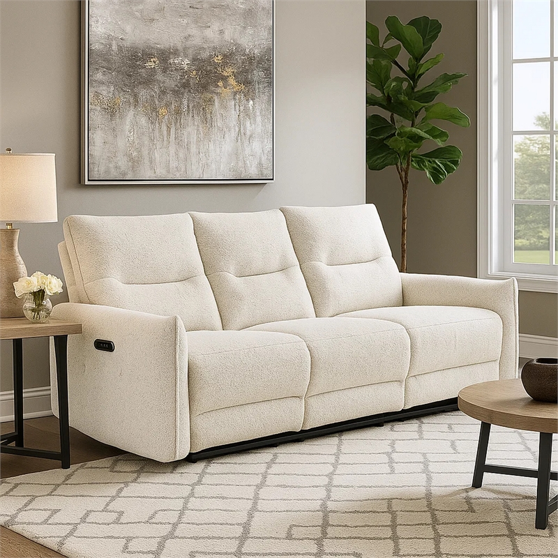 Lali Power Motion Recliner Sofa with USB Port- 3 Seater- Cream Chenille