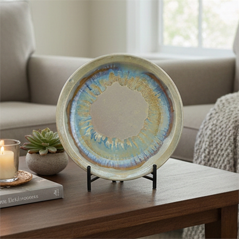 Duke Decorative Charger Plate with Stand- Blue Beige Ceramic 18 inch