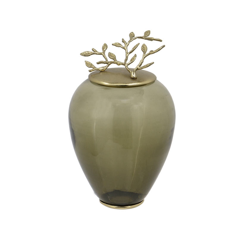 Abby Decorative Jar with Gold Aluminum-Brass Leaf Lid- Green Glass 14 Inch