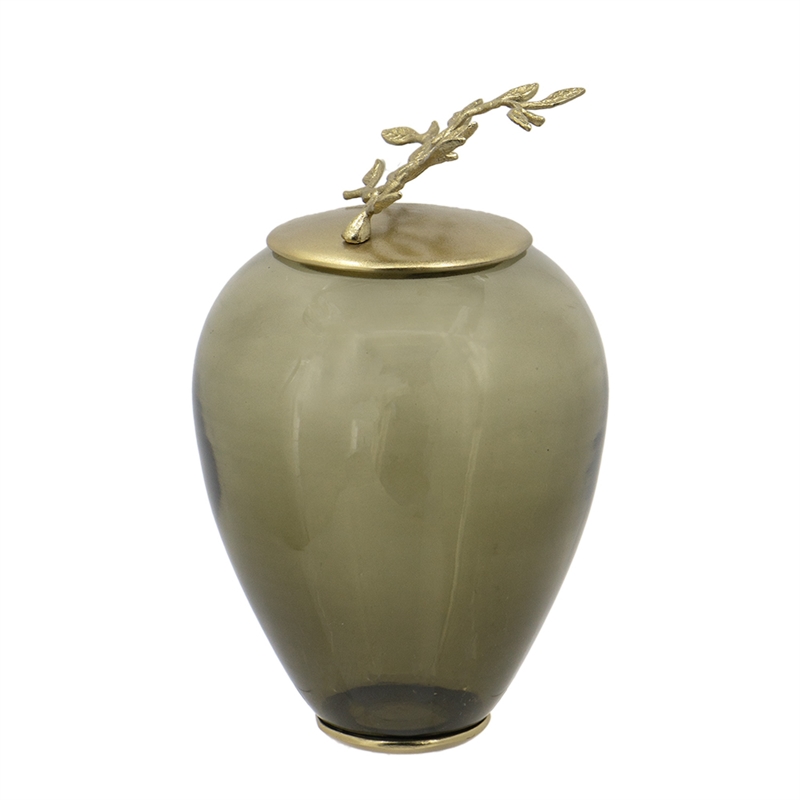 Abby Decorative Jar with Gold Aluminum-Brass Leaf Lid- Green Glass 14 Inch