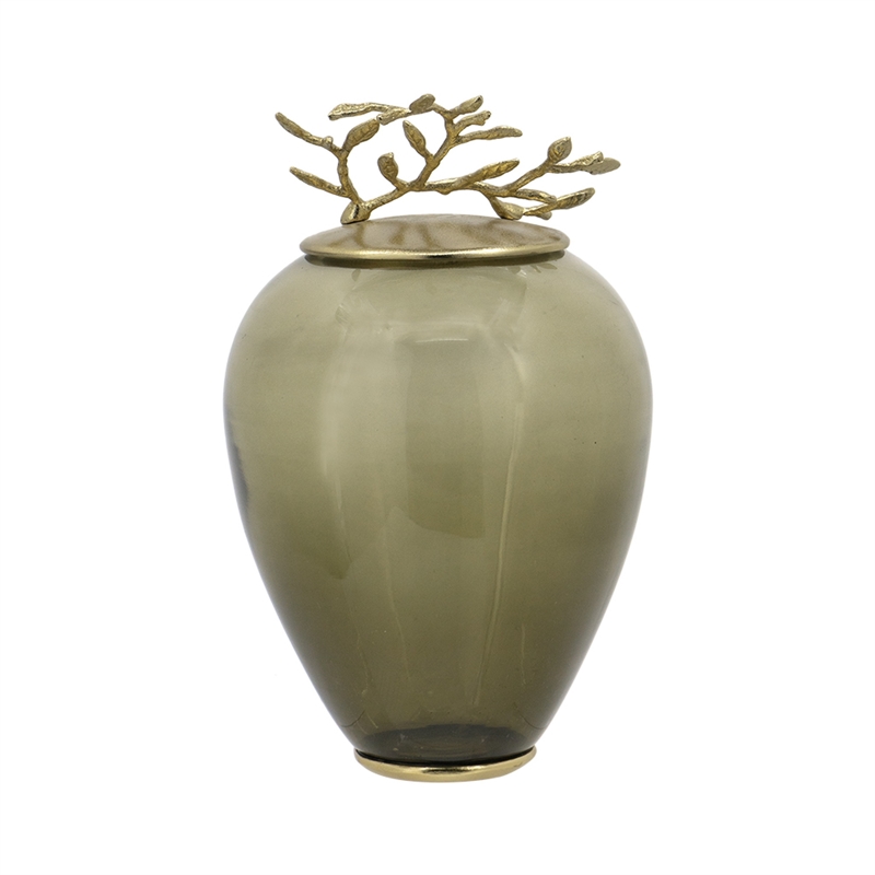 Abby Decorative Jar with Gold Aluminum-Brass Leaf Lid- Green Glass 14 Inch