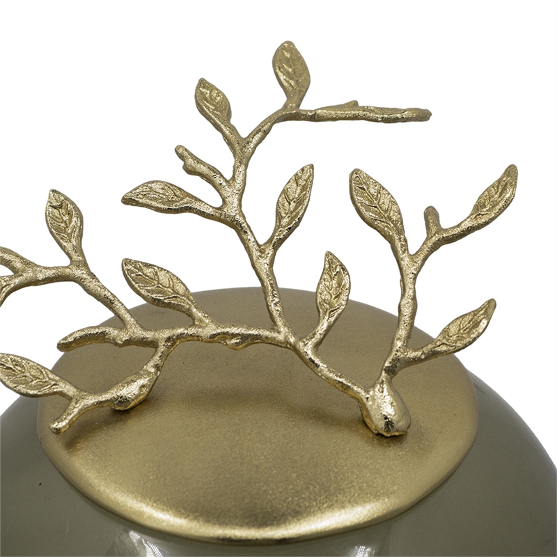 Abby Decorative Jar with Gold Aluminum-Brass Leaf Lid- Green Glass 14 Inch