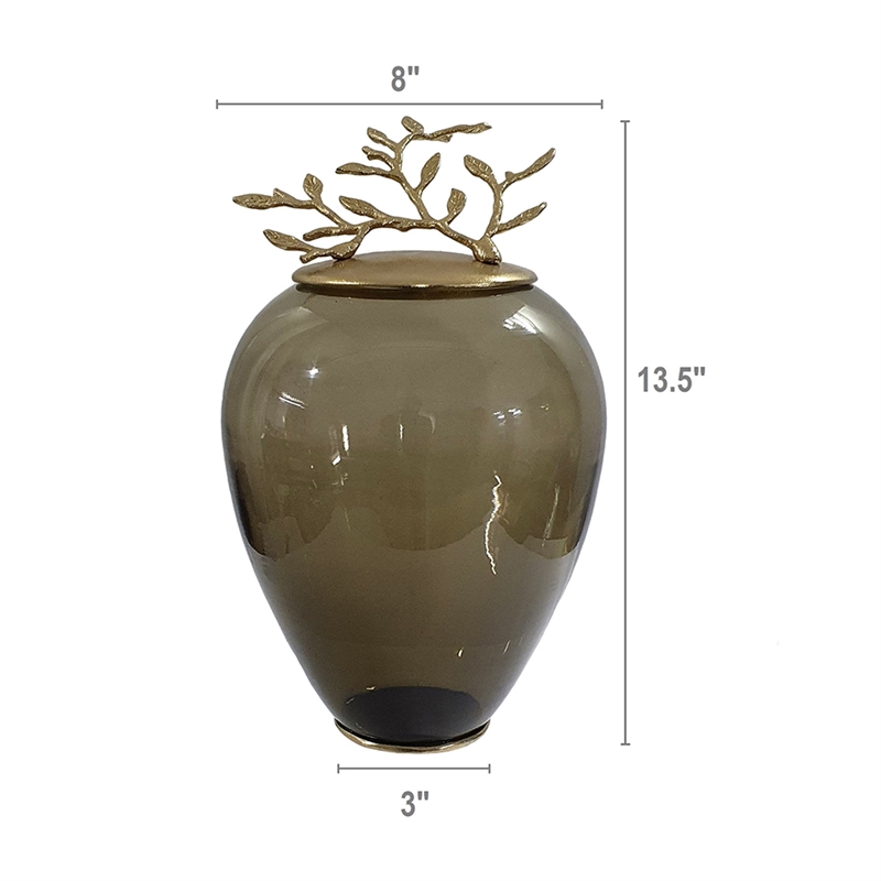 Abby Decorative Jar with Gold Aluminum-Brass Leaf Lid- Green Glass 14 Inch