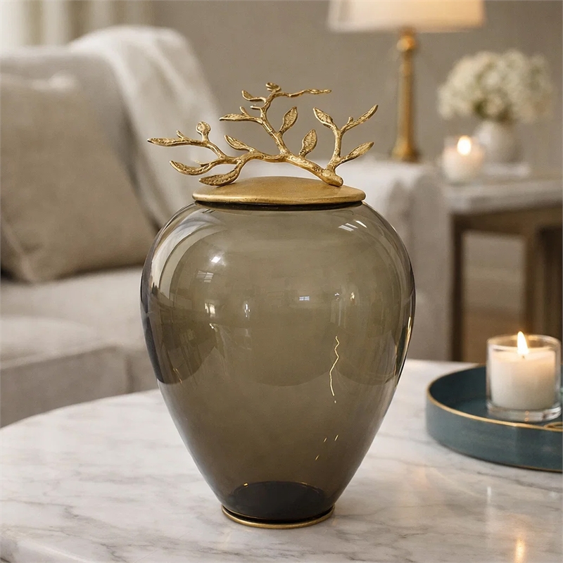 Abby Decorative Jar with Gold Aluminum-Brass Leaf Lid- Green Glass 14 Inch