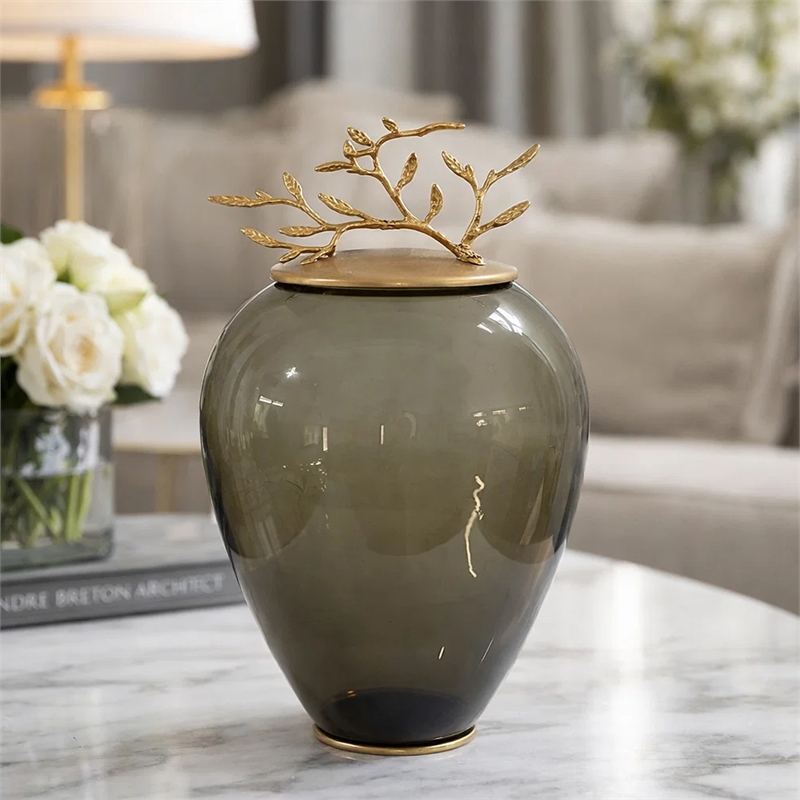 Abby Decorative Jar with Gold Aluminum-Brass Leaf Lid- Green Glass 14 Inch