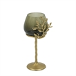 Keanu Small Candle Holder- Gold Capri Leaf Brass- Green Glass 13 Inch