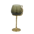 Keanu Small Candle Holder- Gold Capri Leaf Brass- Green Glass 13 Inch