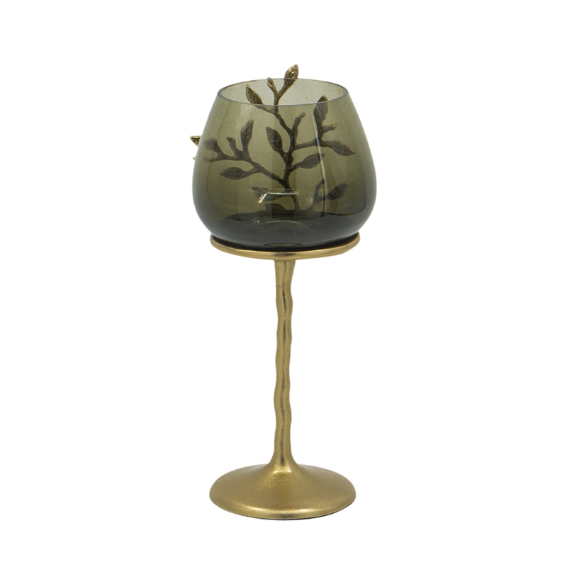 Keanu Small Candle Holder- Gold Capri Leaf Brass- Green Glass 13 Inch