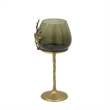 Keanu Small Candle Holder- Gold Capri Leaf Brass- Green Glass 13 Inch