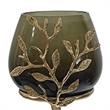 Keanu Small Candle Holder- Gold Capri Leaf Brass- Green Glass 13 Inch