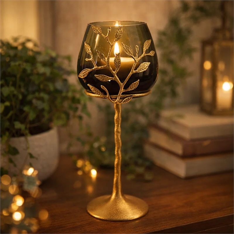 Keanu Small Candle Holder- Gold Capri Leaf Brass- Green Glass 13 Inch