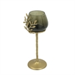 Keanu Large Candle Holder- Gold Capri Leaf Brass- Green Glass 16 Inch