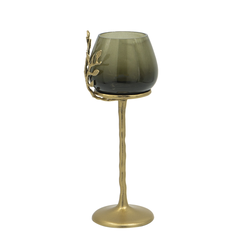 Keanu Large Candle Holder- Gold Capri Leaf Brass- Green Glass 16 Inch