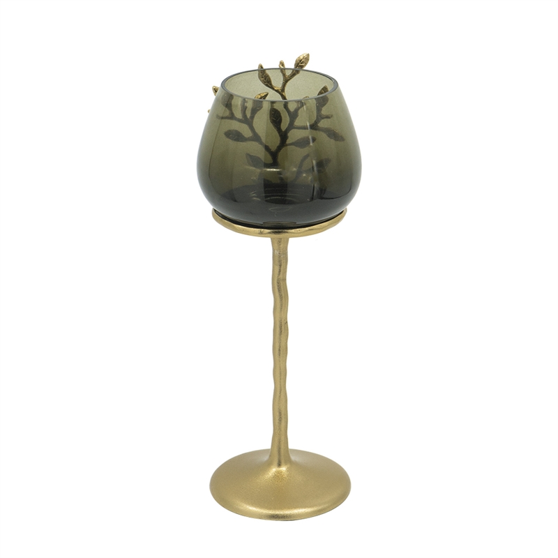 Keanu Large Candle Holder- Gold Capri Leaf Brass- Green Glass 16 Inch