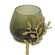 Keanu Large Candle Holder- Gold Capri Leaf Brass- Green Glass 16 Inch