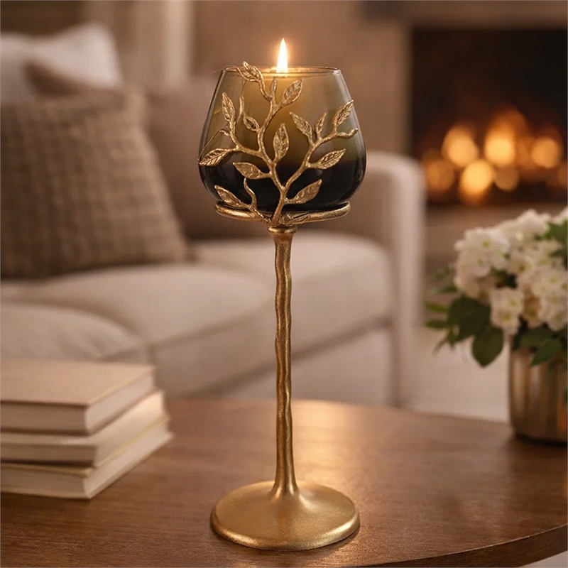 Keanu Large Candle Holder- Gold Capri Leaf Brass- Green Glass 16 Inch