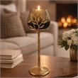 Keanu Large Candle Holder- Gold Capri Leaf Brass- Green Glass 16 Inch
