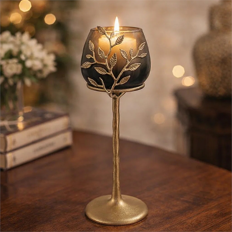 Keanu Large Candle Holder- Gold Capri Leaf Brass- Green Glass 16 Inch