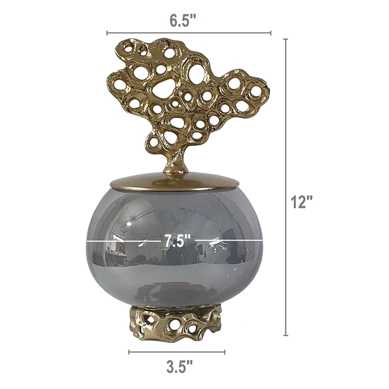Marcy Decor Jar- Perforated Design Gold Aluminum Lid- Black Glass- 12 Inch