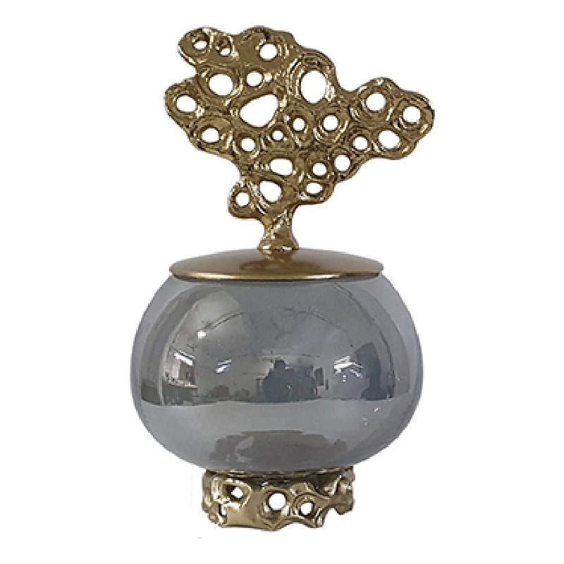Marcy Decor Jar- Perforated Design Gold Aluminum Lid- Black Glass- 12 Inch