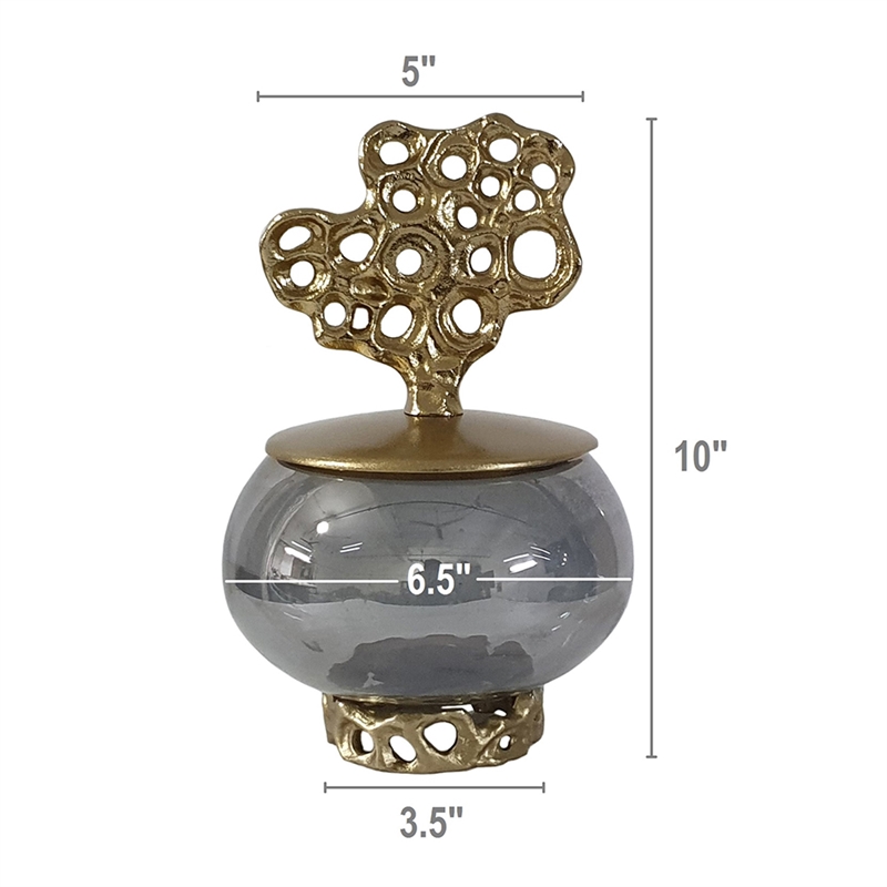 Marcy Decor Jar- Perforated Design Gold Aluminum Lid- Black Glass- 10 Inch