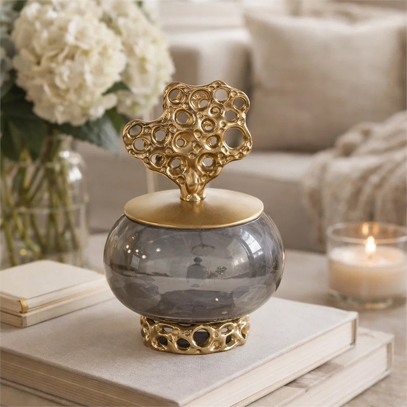 Marcy Decor Jar- Perforated Design Gold Aluminum Lid- Black Glass- 10 Inch