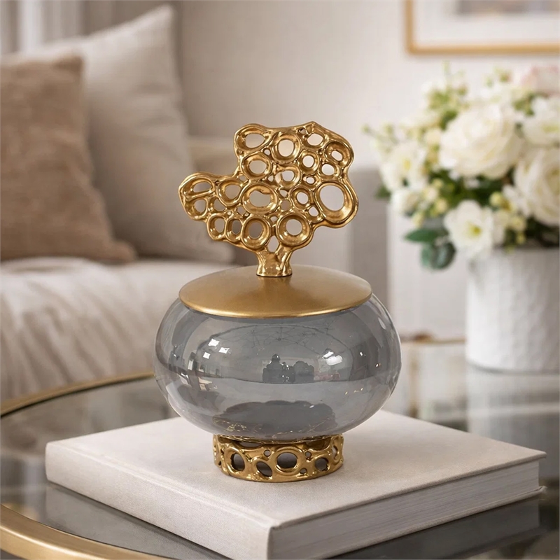 Marcy Decor Jar- Perforated Design Gold Aluminum Lid- Black Glass- 10 Inch