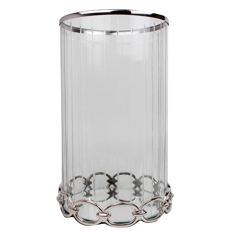 Vintage Candle Holder- Clear Glass Hurricane- 18 Inch Silver Accent Rim