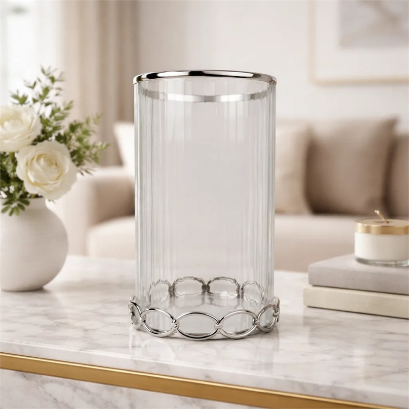 Vintage Candle Holder- Clear Glass Hurricane- 18 Inch Silver Accent Rim