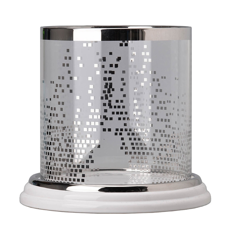 Gsy Decorative Candle Holder- Silver and White Patchwork- 7 Inch Glass