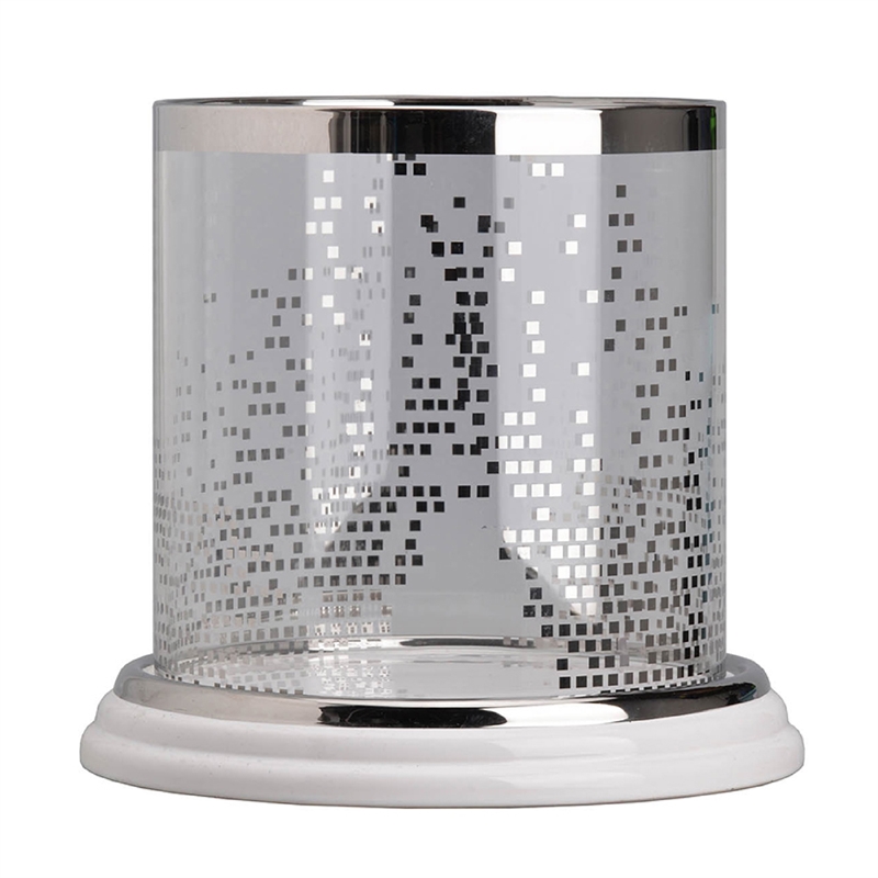 Gsy Decorative Candle Holder- Silver and White Patchwork- 7 Inch Glass