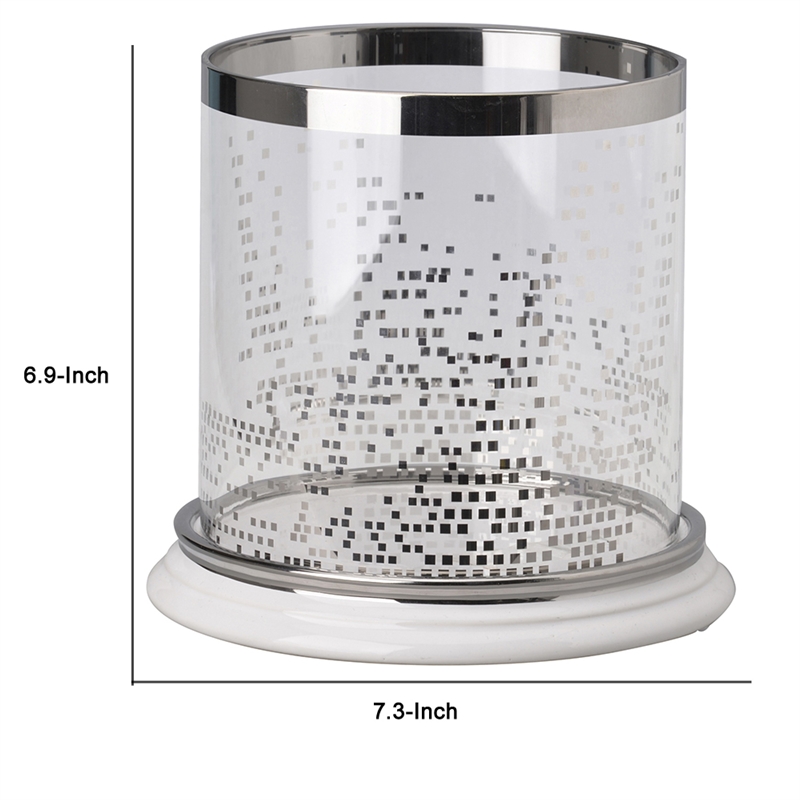 Gsy Decorative Candle Holder- Silver and White Patchwork- 7 Inch Glass