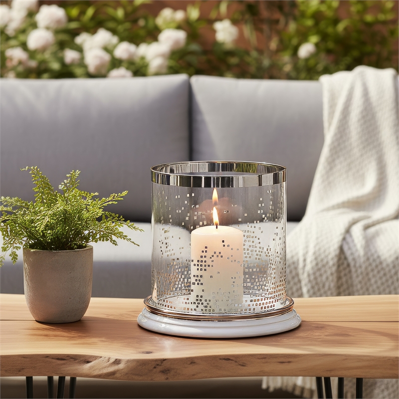 Gsy Decorative Candle Holder- Silver and White Patchwork- 7 Inch Glass