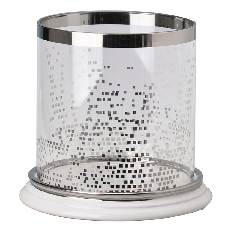 Gsy Decorative Candle Holder- Silver and White Patchwork- 7 Inch Glass