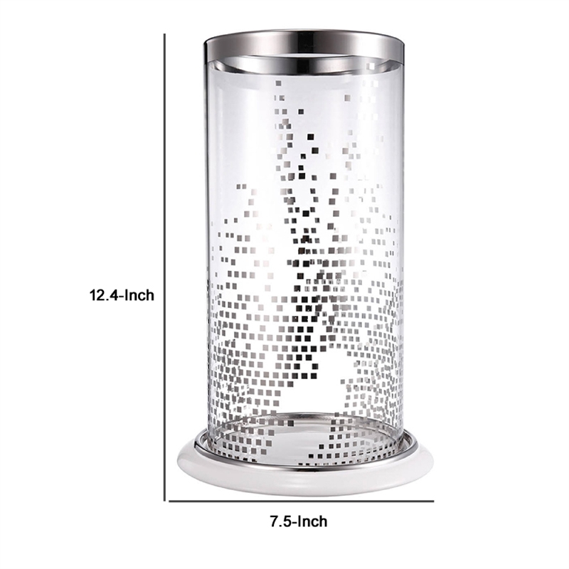 Gsy Decorative Candle Holder- Silver and White Patchwork- 12 Inch Glass