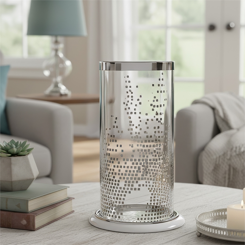 Gsy Decorative Candle Holder- Silver and White Patchwork- 12 Inch Glass