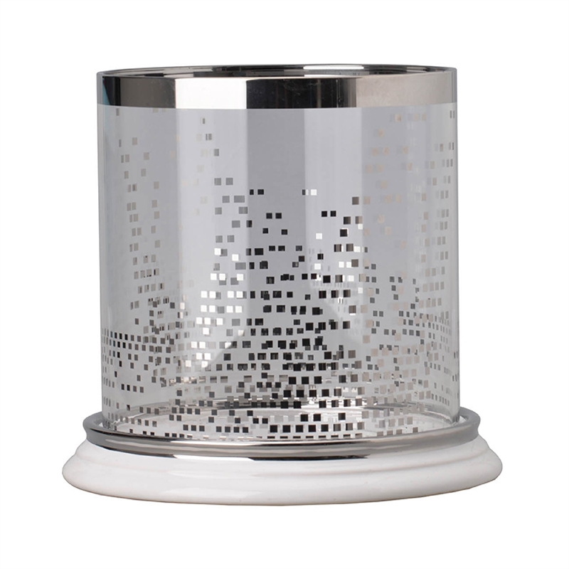 Gsy Decorative Candle Holder- Silver and White Patchwork- 10 Inch Glass