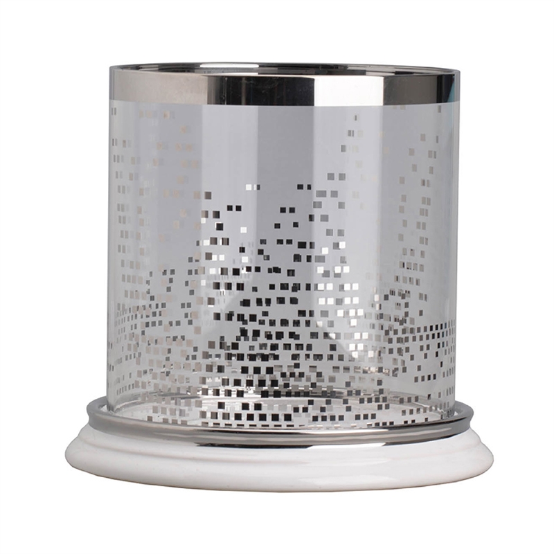 Gsy Decorative Candle Holder- Silver and White Patchwork- 10 Inch Glass