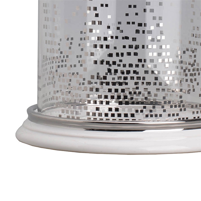 Gsy Decorative Candle Holder- Silver and White Patchwork- 10 Inch Glass