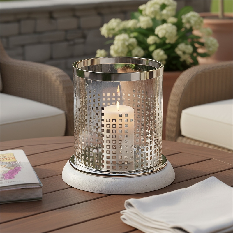 Gsy Decorative Candle Holder- Silver and White Patchwork- 10 Inch Glass