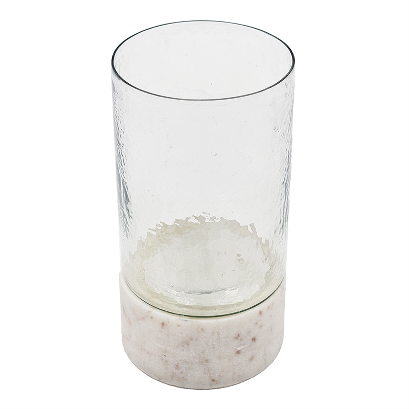 Candle Holder with Textured Glass Shade- White Coastal Stone Base- 8 Inch
