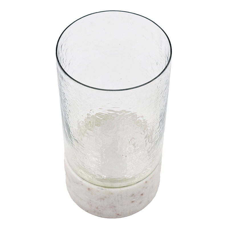Candle Holder with Textured Glass Shade- White Coastal Stone Base- 8 Inch