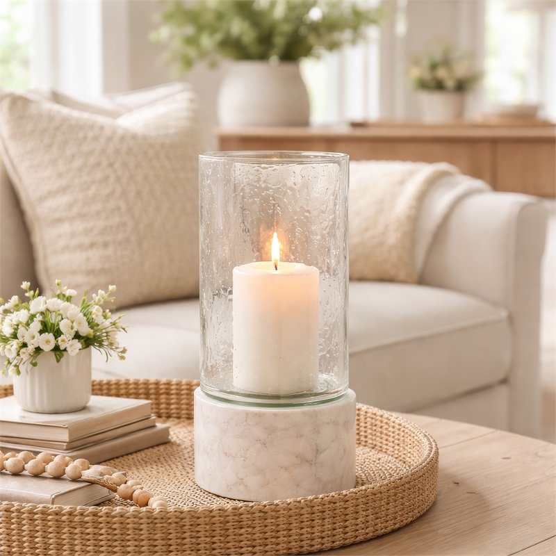 Candle Holder with Textured Glass Shade- White Coastal Stone Base- 8 Inch