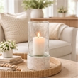 Candle Holder with Textured Glass Shade- White Coastal Stone Base- 8 Inch
